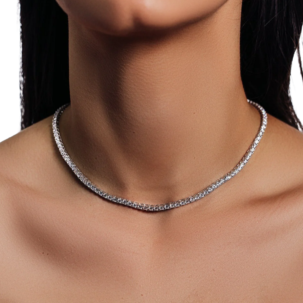 3mm Moissanite Tennis Necklace in Rhodium-Plated 925 Sterling Silver