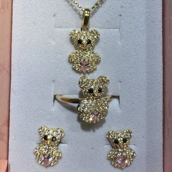 14K Gold Teddy Bear Jewelry Set – Pendant, Earrings & Ring