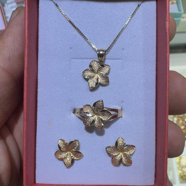14K Gold Hibiscus Jewelry Set | Pendant, Earrings & Ring