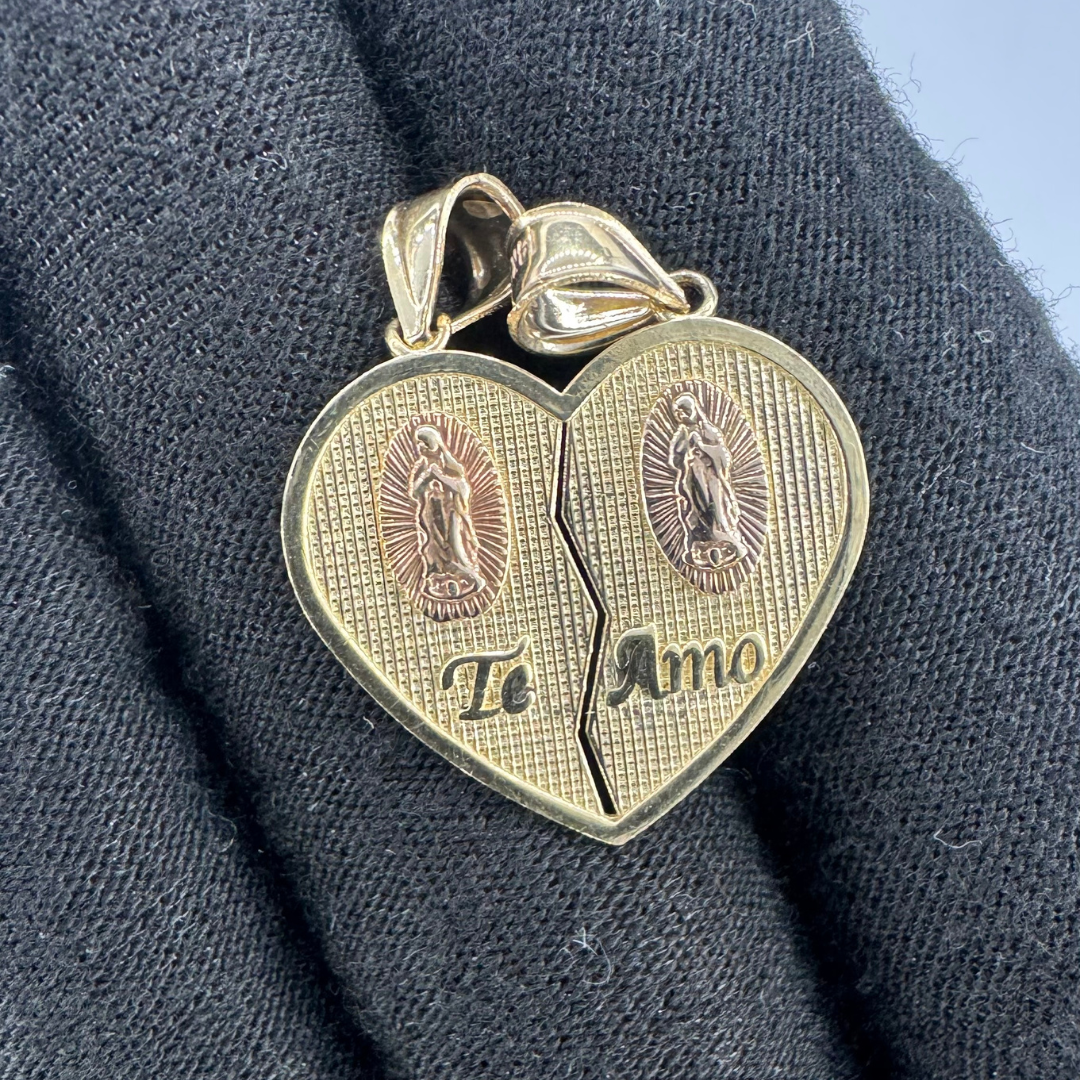 14K Virgin Mary Split Heart “Te Amo” Pendant